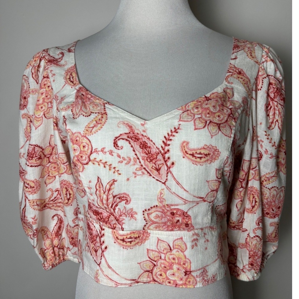 Express Linen Blend Milkmaid Crop Top M Paisley Floral Smocked Cottage Peasant